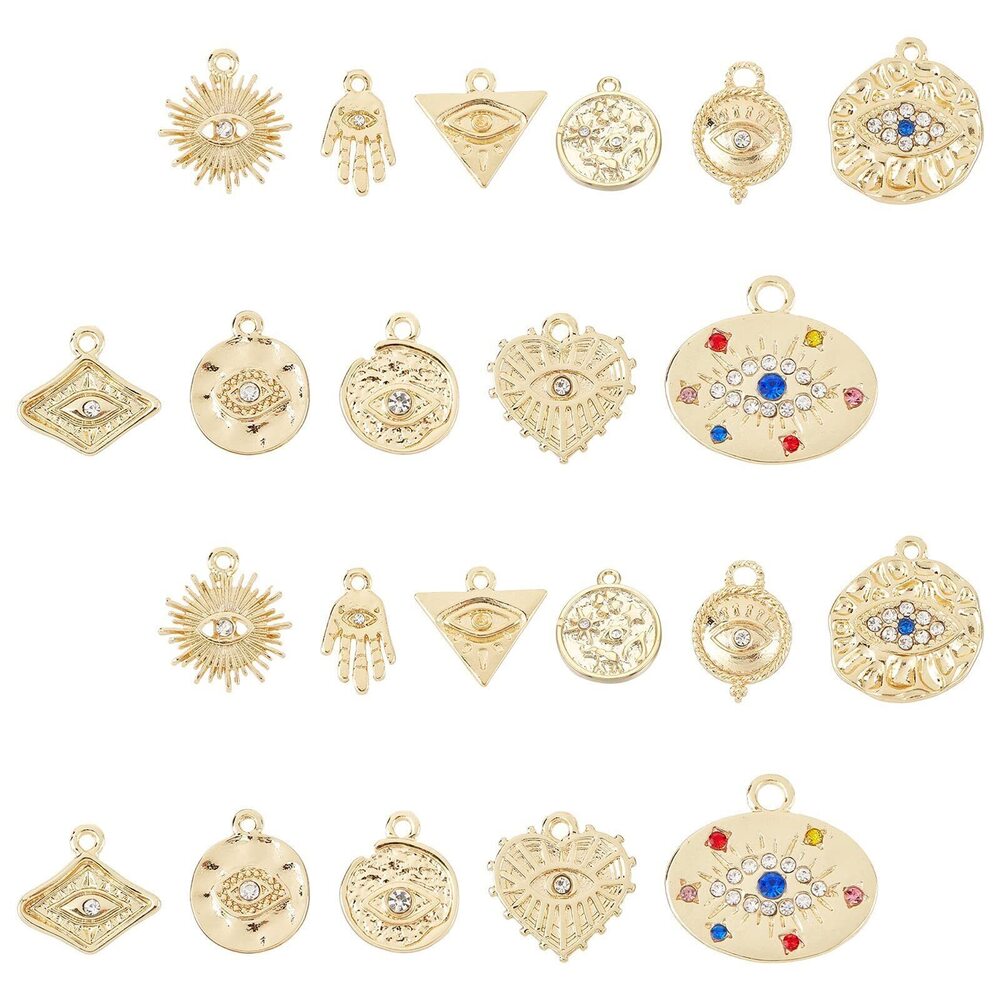7415 1 Box 22Pcs 18K Gold Plated Evil Eye Charms Bulk Alloy Rhinestone Evil